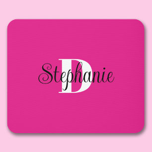 Girly Hot Pink Black and White Modern Monogram Mouse Pad