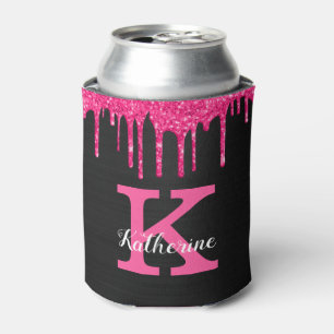 Girly Hot Pink Black Glitter Drips Monogram Name Can Cooler