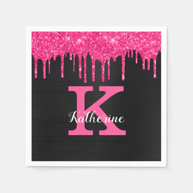 Girly Hot Pink Black Glitter Drips Monogram Name Napkin (Front)