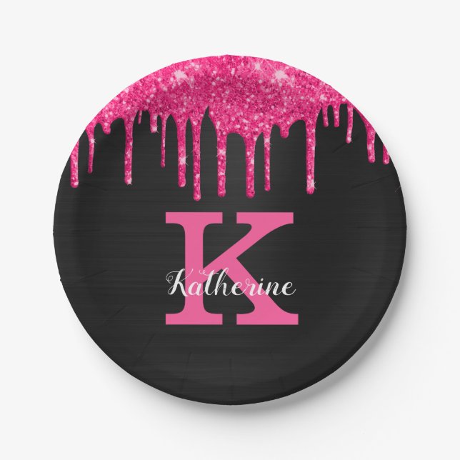 Girly Hot Pink Black Glitter Drips Monogram Name Paper Plate (Front)