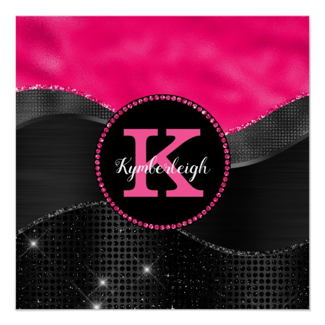 Girly Hot Pink Black Grey Waves Glam Monogram Name Poster (Front)