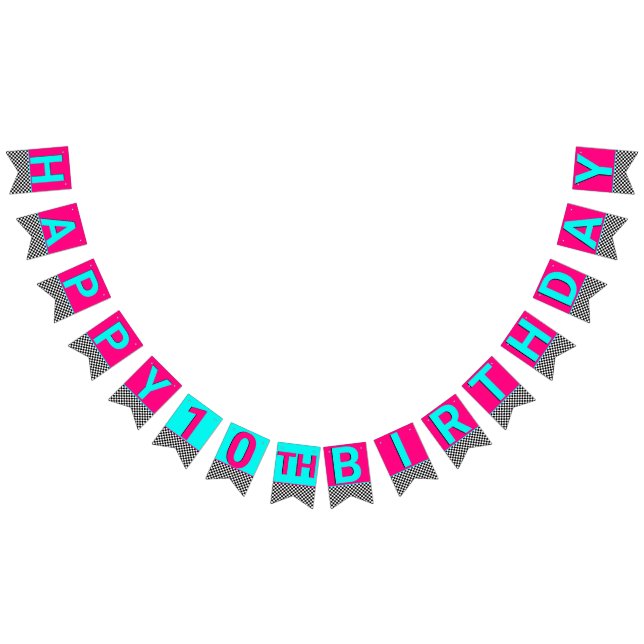 Girly Hot Pink|Blue Checkerboard Birthday Age Bunting (All)