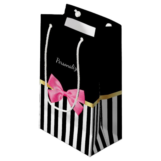 Girly Hot Pink Bow Black White Stripes With Name Small Gift Bag (Front Angled)
