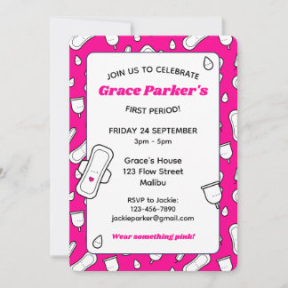 Girly Hot Pink Cartoon Pad First Period Party Invitation