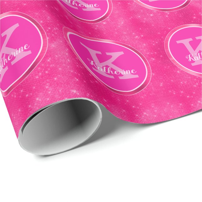 Girly Hot Pink Cute Diamond Sparkle Monogram Name Wrapping Paper (Roll Corner)