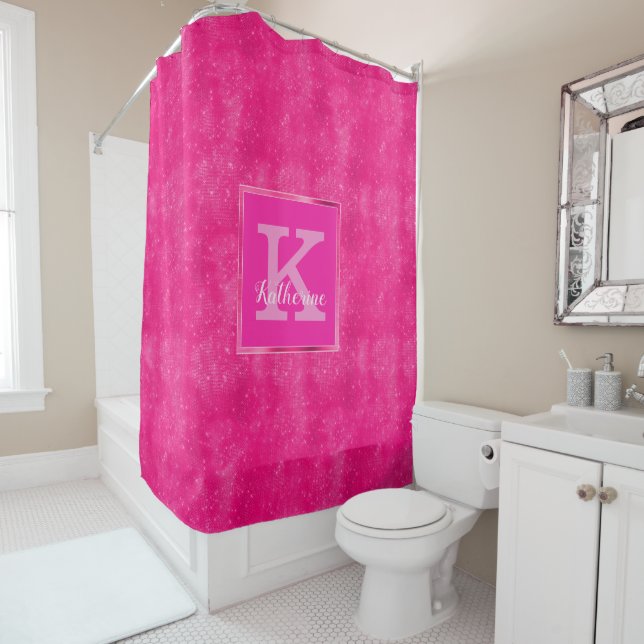 Girly Hot Pink Diamond Sparkle Fun Modern Monogram Shower Curtain (In Situ)
