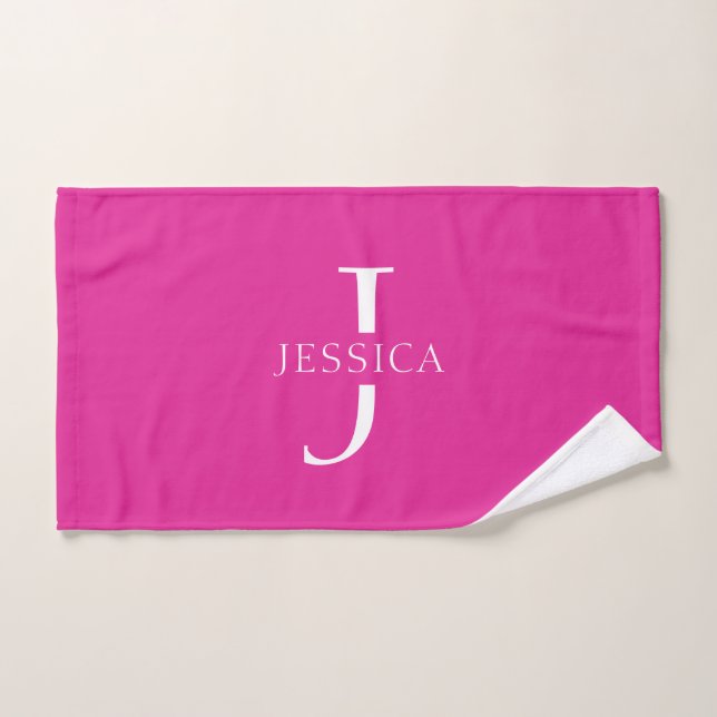 Girly Hot Pink Fun Modern Monogram Name Hand Towel (Hand Towel)