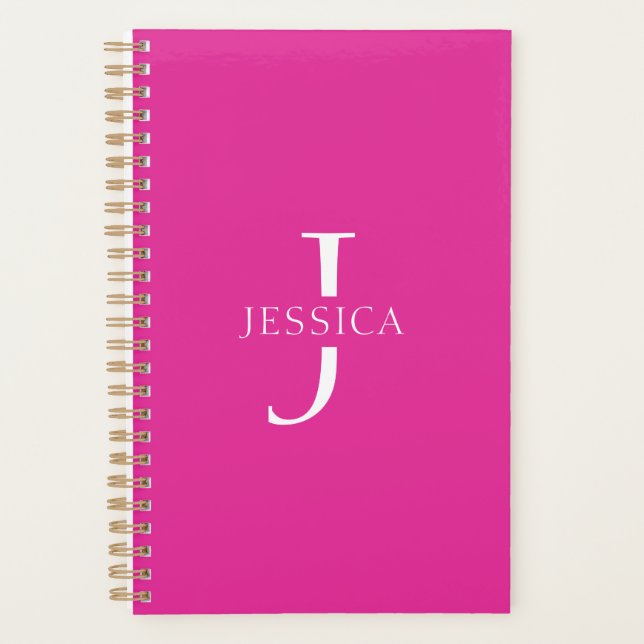 Girly Hot Pink Fun Modern Monogram Name Planner (Front)