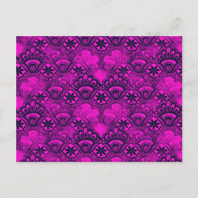 Girly Hot Pink Fuschia Navy Blue Damask Lace Postcard (Front)