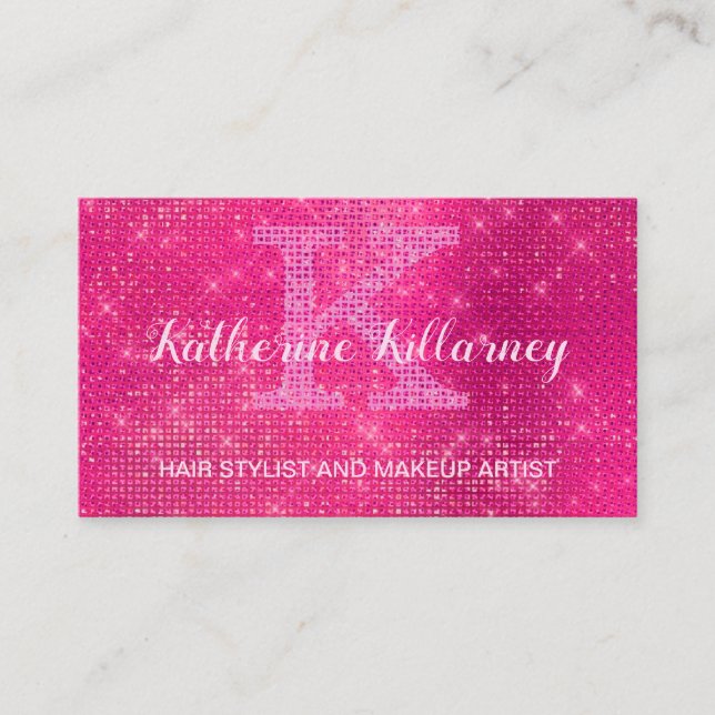 Girly Hot Pink Glam Diamond Sparkle Chic Monogram Business Card (Front)