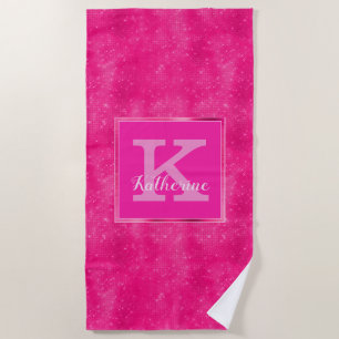 Girly Hot Pink Glam Diamond Sparkle Monogram Name Beach Towel
