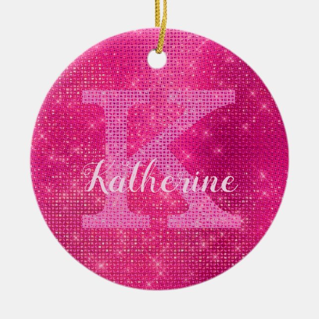 Girly Hot Pink Glam Diamond Sparkle Monogram Name Ceramic Tree Decoration (Front)
