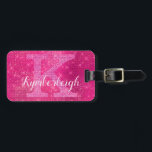 Girly Hot Pink Glam Diamond Sparkle Monogram Name Luggage Tag<br><div class="desc">This trendy, sophisticated and unique glam girly design features a customisable monogram in pale pink in popular serif typography along with a customisable name in popular script with a hand-lettered look in white. The background includes brushed hot pink magenta fuchsia metal and glimmering diamonds for added glitter and sparkle. You...</div>