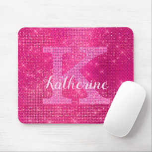 Girly Hot Pink Glam Diamond Sparkle Monogram Name Mouse Pad