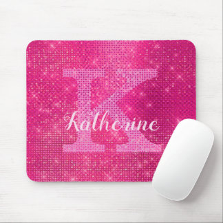 Girly Hot Pink Glam Diamond Sparkle Monogram Name Mouse Pad
