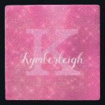 Girly Hot Pink Glam Diamond Sparkle Monogram Name Stone Coaster<br><div class="desc">This trendy, sophisticated and unique glam girly design features a customisable monogram in pale pink in popular serif typography along with a customisable name in popular script with a hand-lettered look in white. The background includes brushed hot pink magenta fuchsia metal and glimmering diamonds for added glitter and sparkle. You...</div>