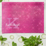 Girly Hot Pink Glam Diamond Sparkle Monogram Name Tea Towel<br><div class="desc">This trendy, sophisticated and unique glam girly design features a customisable monogram in pale pink in popular serif typography along with a customisable name in popular script with a hand-lettered look in white. The background includes brushed hot pink magenta fuchsia metal and glimmering diamonds for added glitter and sparkle. You...</div>