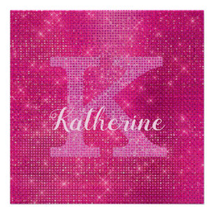 Girly Hot Pink Glam Glitter Sparkle Monogram Name Poster