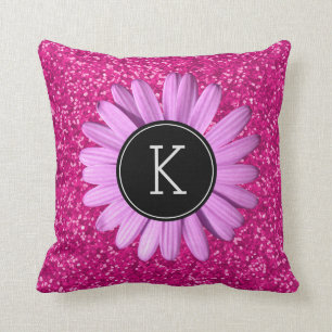 Girly Hot Pink Glitter Flower   Custom Monogram Cushion
