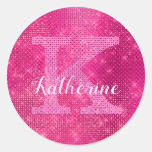 Girly Hot Pink Glitter Glam Sparkle Monogram Name Classic Round Sticker