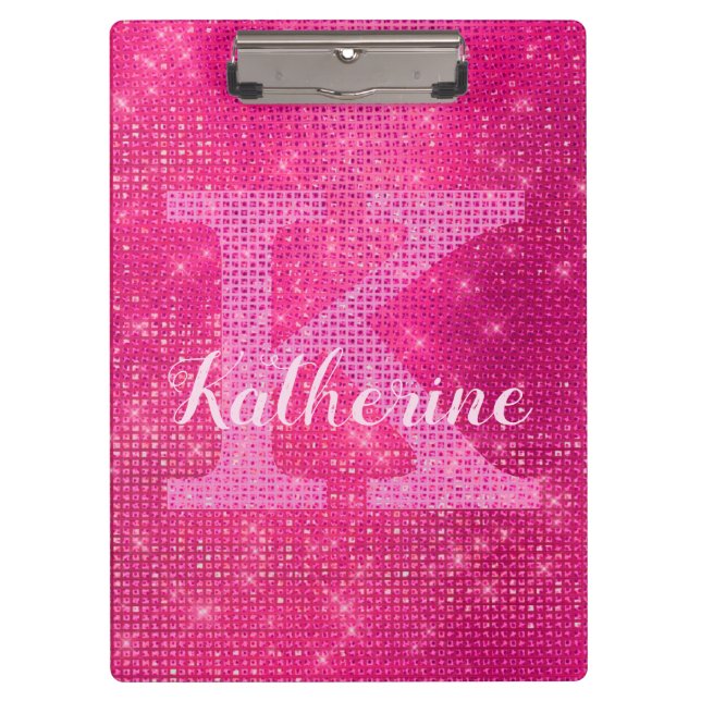 Girly Hot Pink Glitter Glam Sparkle Monogram Name Clipboard (Front)