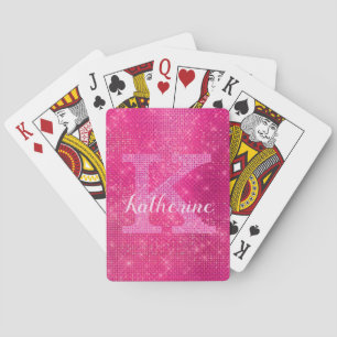 Girly Hot Pink Glitter Glam Sparkle Monogram Name Playing Cards