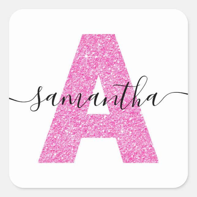 Girly Hot Pink Glitter Letter A Monogram Square Sticker (Front)