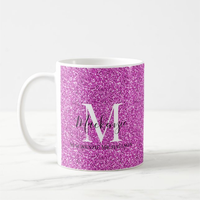 Girly Hot Pink Glitter Monogram Name   Coffee Mug (Left)