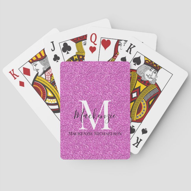 Girly Hot Pink Glitter Monogram Name Playing Cards (Back)