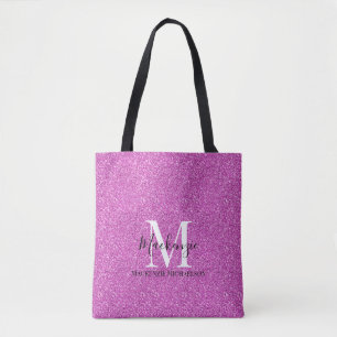 Girly Hot Pink Glitter Monogram Name   Tote Bag
