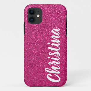 Girly Hot Pink Glitter Name Personalised Case-Mate iPhone Case