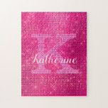 Girly Hot Pink Glitter Sparkle Bling Monogram Name Jigsaw Puzzle<br><div class="desc">This trendy and unique glam girly design features a large customizable monogram in pale pink in the center in popular serif typography along with a customizable name in popular script with a hand-lettered look in pinkish white. The background includes brushed hot pink fuchsia magenta metal and glimmering diamonds for added...</div>