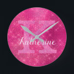 Girly Hot Pink Glitter Sparkle Glam Monogram Name Round Clock<br><div class="desc">This trendy and unique glam girly design features a large customisable monogram in pale pink in the centre in popular serif typography along with a customisable name in popular script with a hand-lettered look in pinkish white. The background includes brushed hot pink fuchsia magenta metal and glimmering diamonds for added...</div>