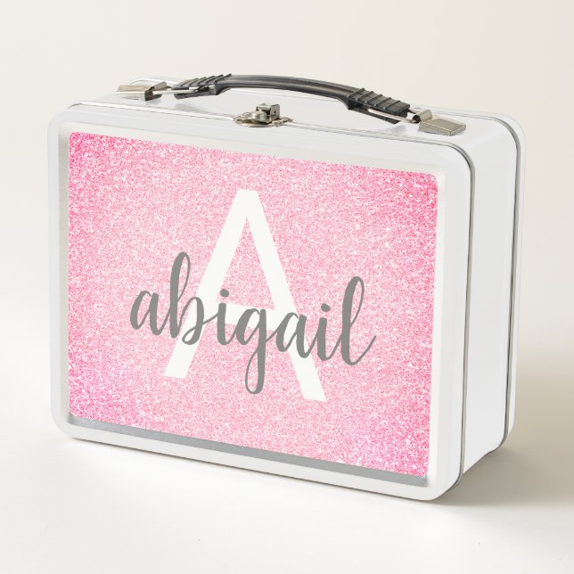 Girly Hot Pink Glitter Sparkle Monogram Name Metal Lunch Box (Front)