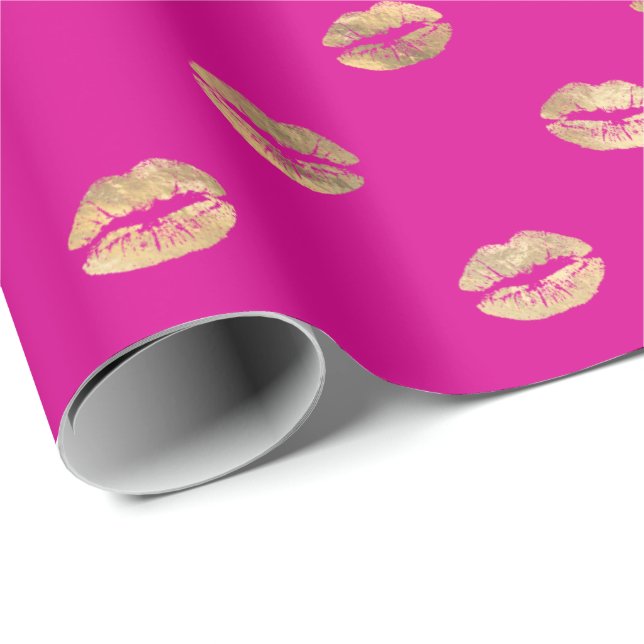 Girly Hot Pink Gold Kiss Lips Pattern  Wrapping Paper (Roll Corner)