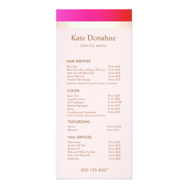 Girly Hot Pink Gold Stripe Salon Price List Menu (Front)