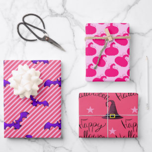 Girly Hot Pink Happy Halloween Mixed Pattern Gift Wrapping Paper Sheet