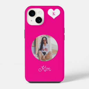 Girly hot pink photo and name personalised modern iPhone 14 case