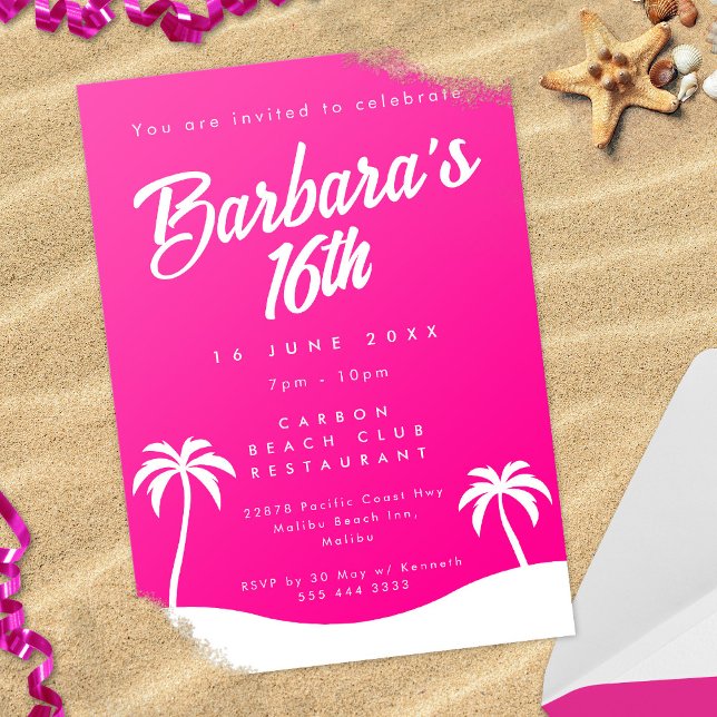 Girly Hot Pink Summer Beach Sweet 16 Invitation (In Situ)