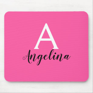 Girly Hot Pink White & Black Monogram Name Mouse Pad