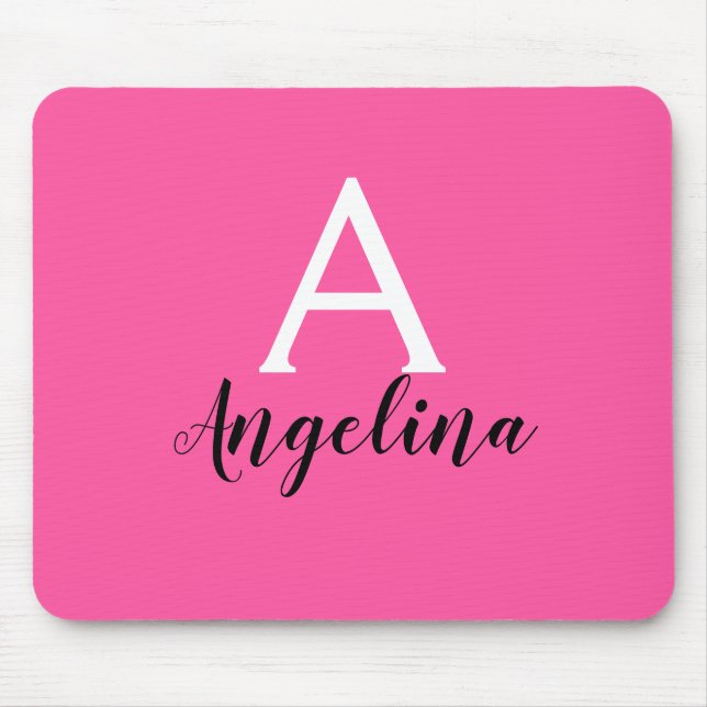 Girly Hot Pink White & Black Monogram Name Mouse Pad (Front)