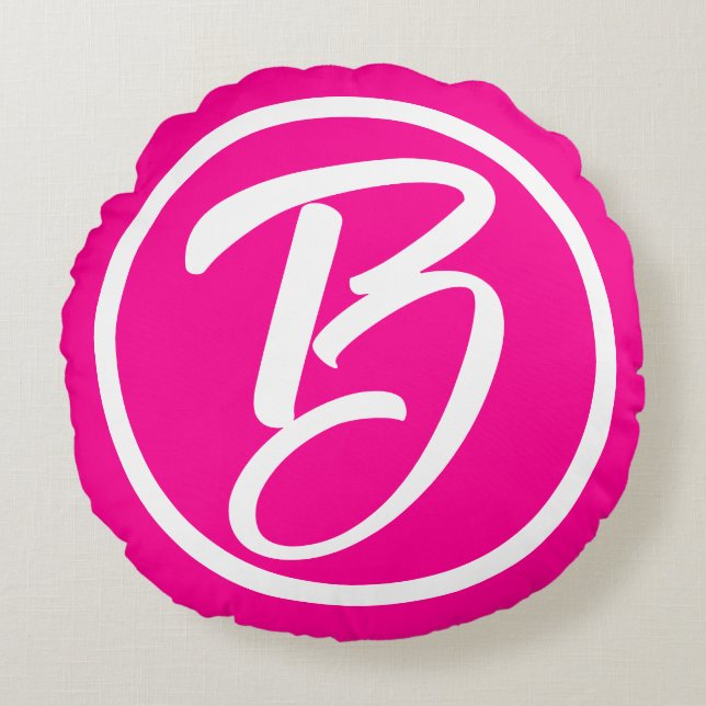 Girly Hot Pink White Calligraphy Monogram Round Cushion (Front)
