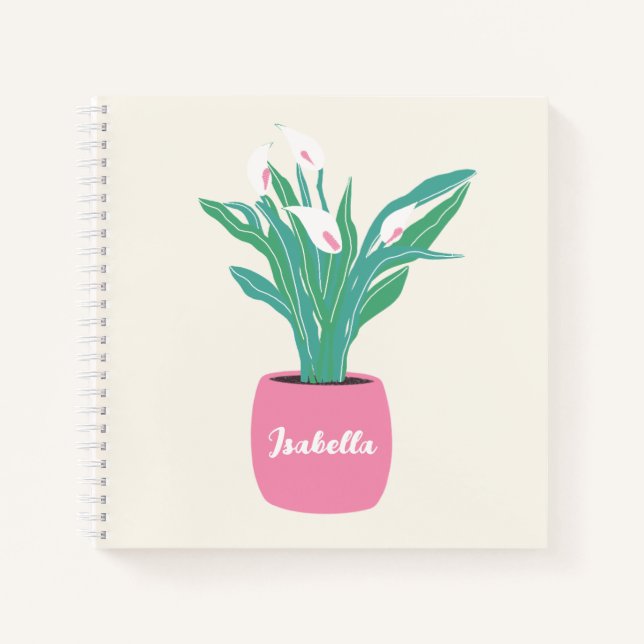 Girly Houseplant Peace Lily Notebook with Name (Front)
