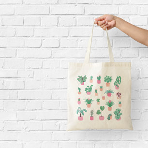 Girly Houseplants Pink and Green Illustration Tote Bag