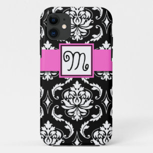 GIRLY INITIAL, PINK, BLACK VINTAGE DAMASK PATTERN iPhone 11 CASE