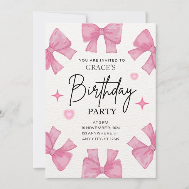 Girly invitation birthday party pink coquette girl (Front)