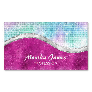 Girly Iridescent Pink Silver Faux Glitter Monogram Magnetic Business Card