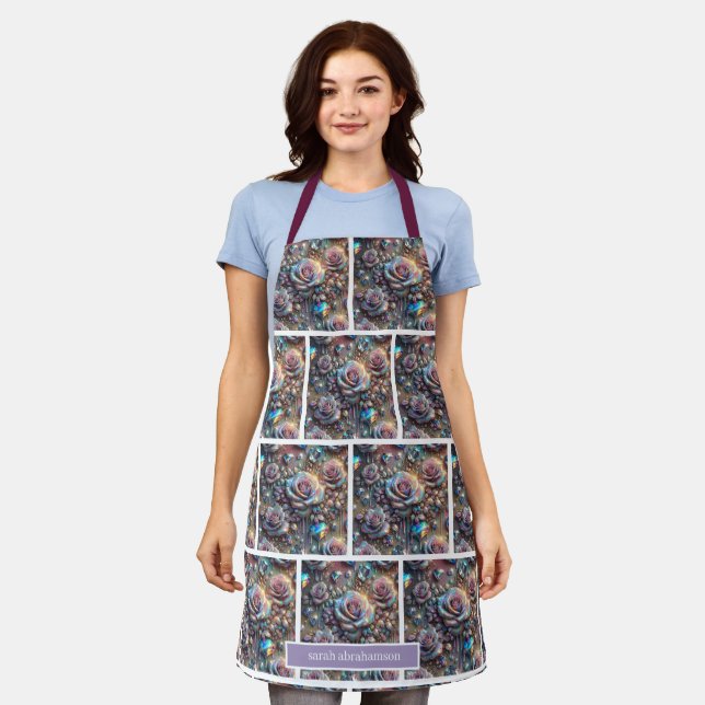 Girly Iridescent Roses and Glitter Drips Apron (Worn)