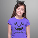 Girly Jack O Lantern Pumpkin Face Halloween T-Shirt<br><div class="desc">Celebrate Halloween in style with this girly pumpkin face shirt. This fun jack o lantern women's tee shirt design has a bright toothy grin and fabulous eyelashes! Personalise the custom script text with her first name.</div>