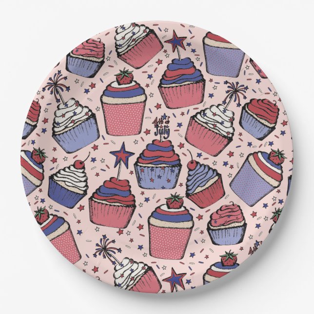 Girly July 4th Red White & Blue Patriotic Cupcakes Paper Plate (Front)